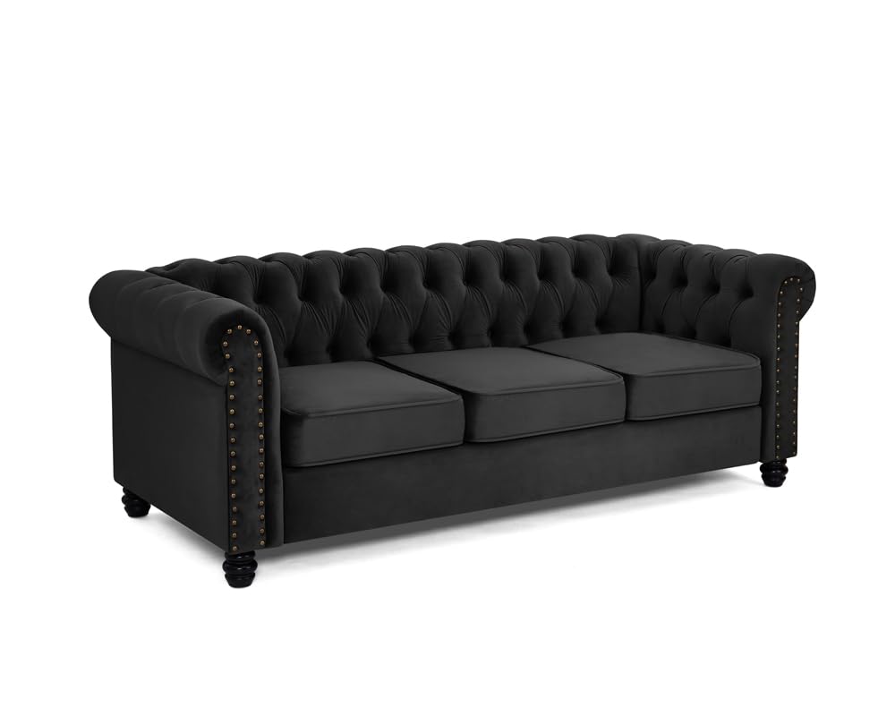 Home Detail Chesterfield Sofa Velvet Upholstered Couch in 2 Seater or 3 Seater Fabric Sofa in Grey, Blue, Black, Green, Gold (3 Seater, Grey)