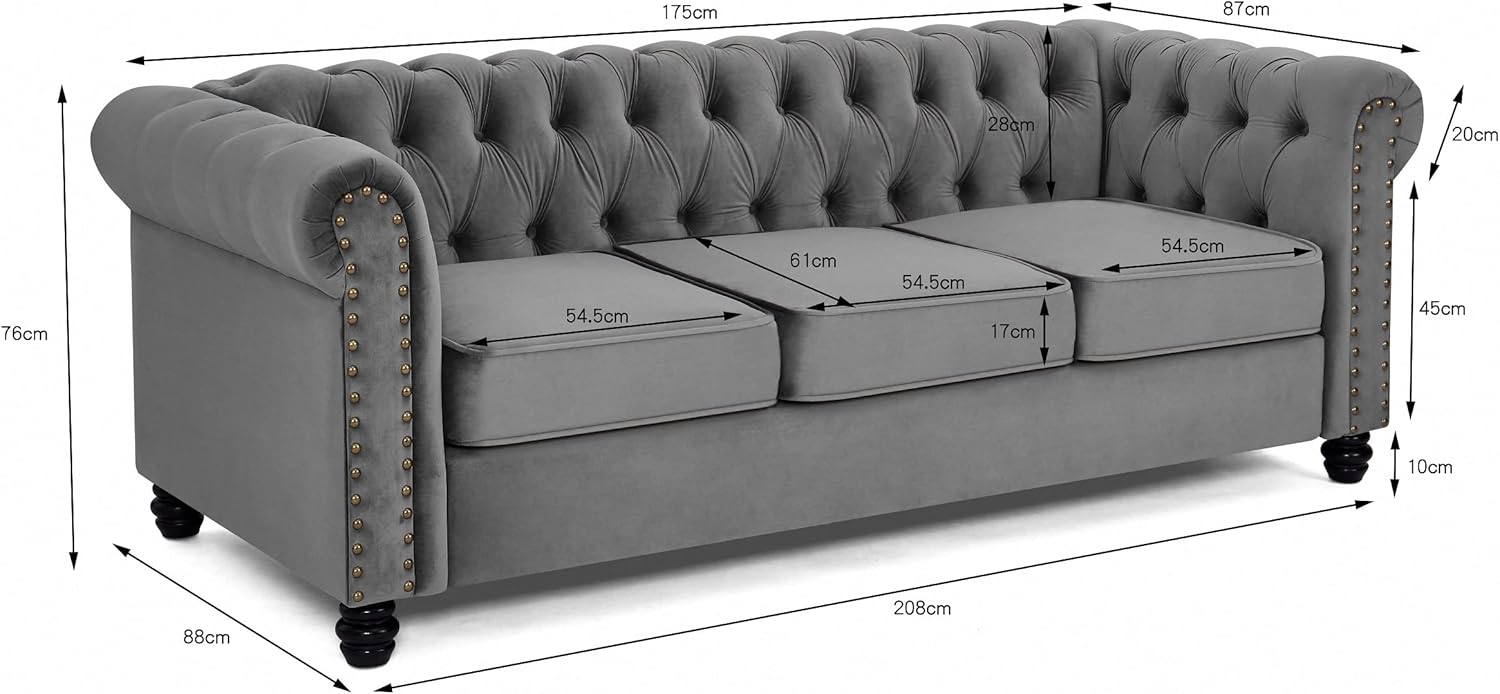 Home Detail Chesterfield Sofa Velvet Upholstered Couch in 2 Seater or 3 Seater Fabric Sofa in Grey, Blue, Black, Green, Gold (3 Seater, Grey)