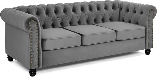 Home Detail Chesterfield Sofa Velvet Upholstered Couch in 2 Seater or 3 Seater Fabric Sofa in Grey, Blue, Black, Green, Gold (3 Seater, Grey)